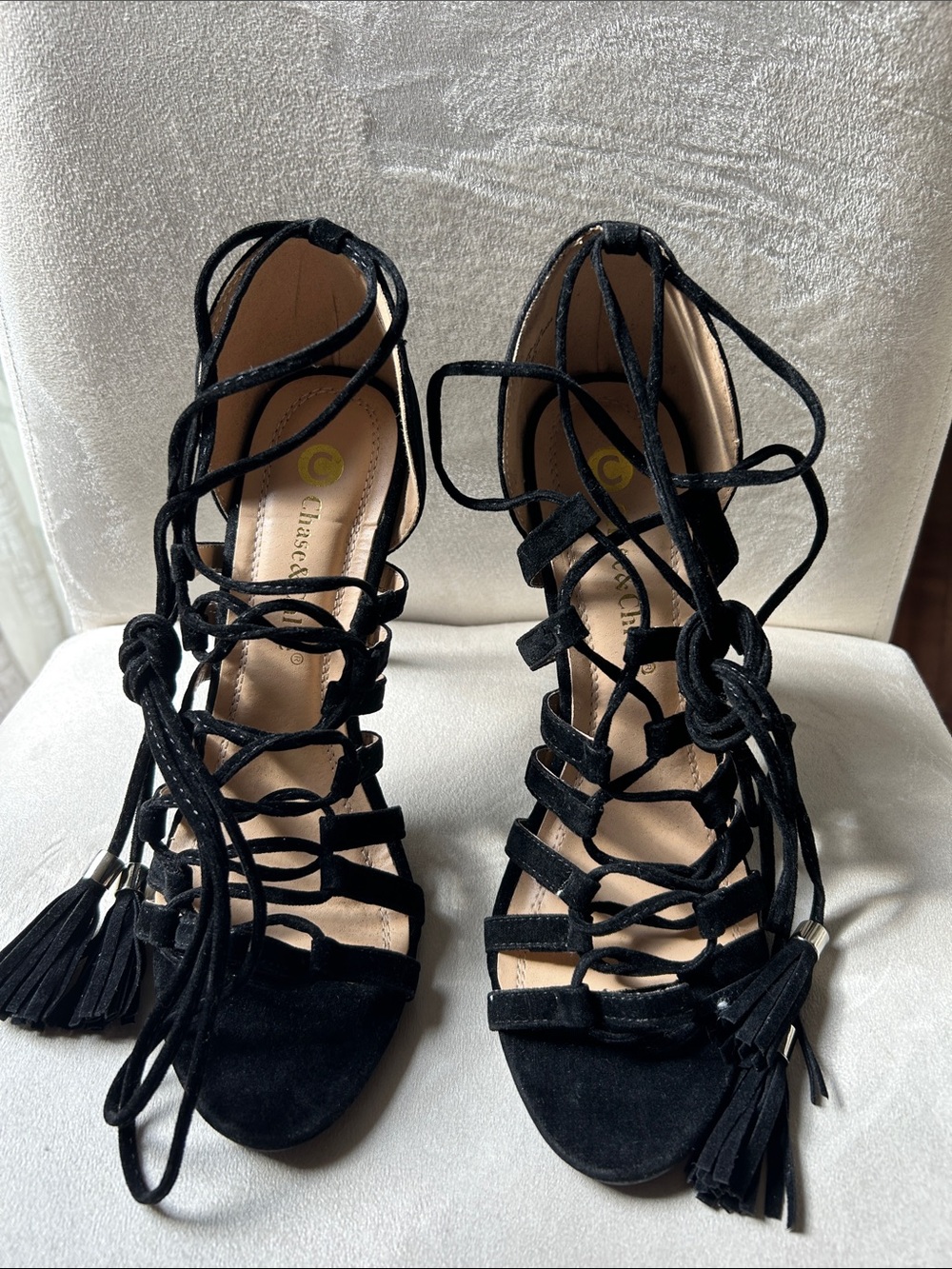 Chase + Chloe Black Faux Suede Lace-Up Gladiator Heels